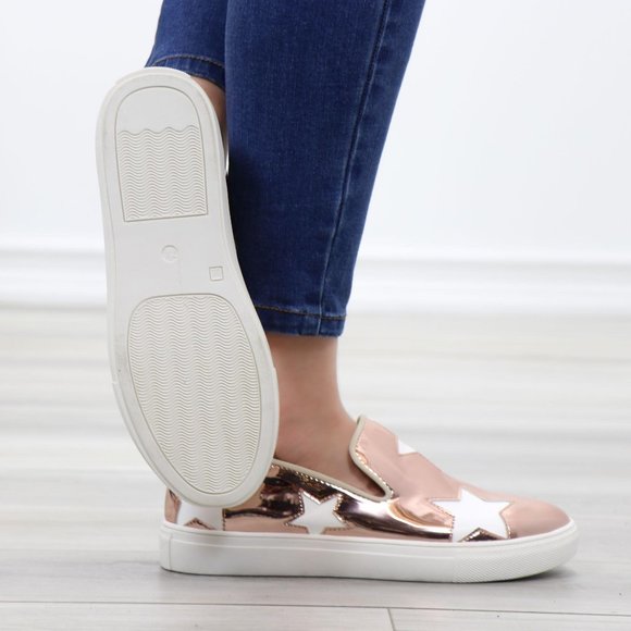 Rose Gold With White Stars Patent Sneakers Shoes - Picture 4 of 14